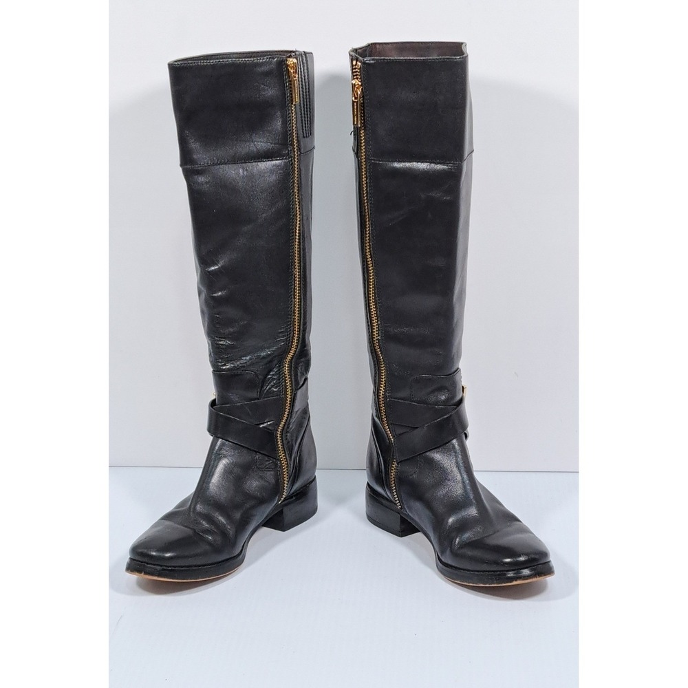 Michael Kors Womens Black Leather Knee High Riding Boots Gold MK Logo Size 5.5M